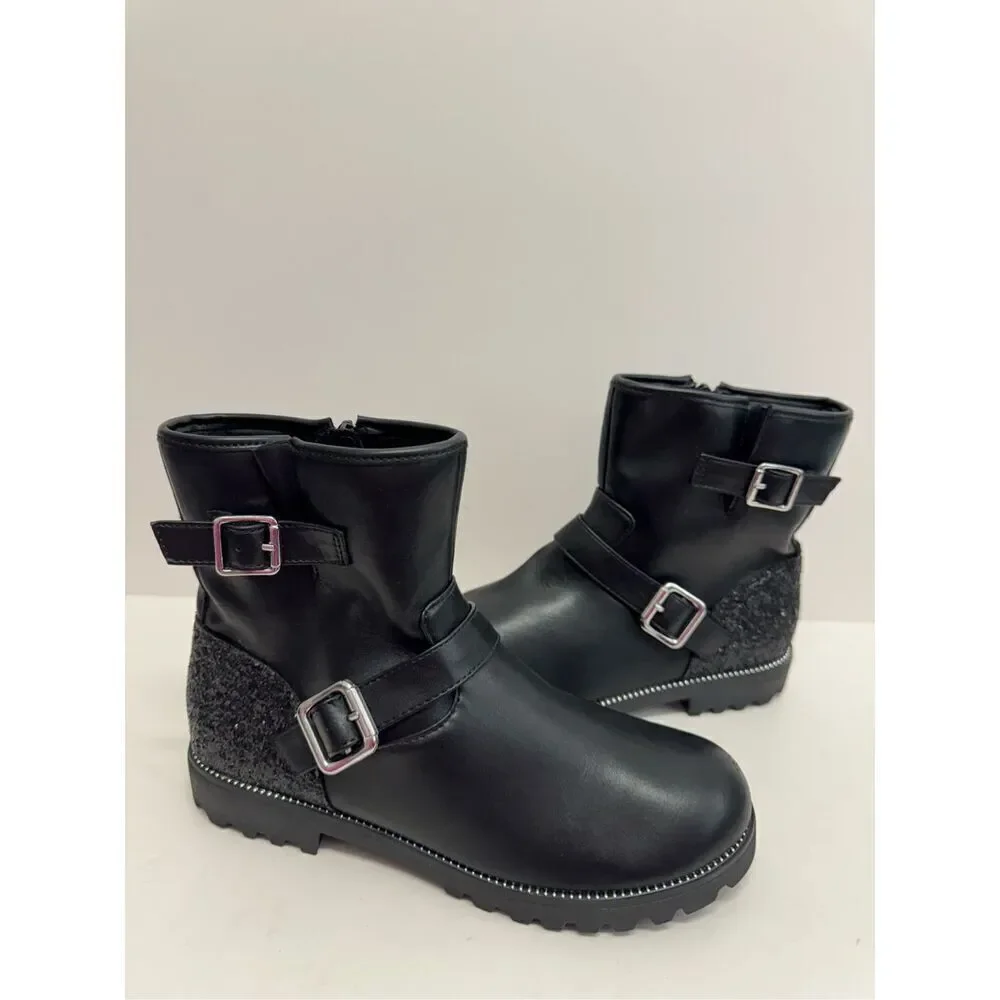 Harper Canyon Boots Size 5 Black Buckle‎ Detail Lug Sole Block Heel Side Zip NEW